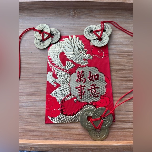 Chinese New Year Red Lucky Money Envelope 3 Feng Shui Coin Set - Picture 3 of 9